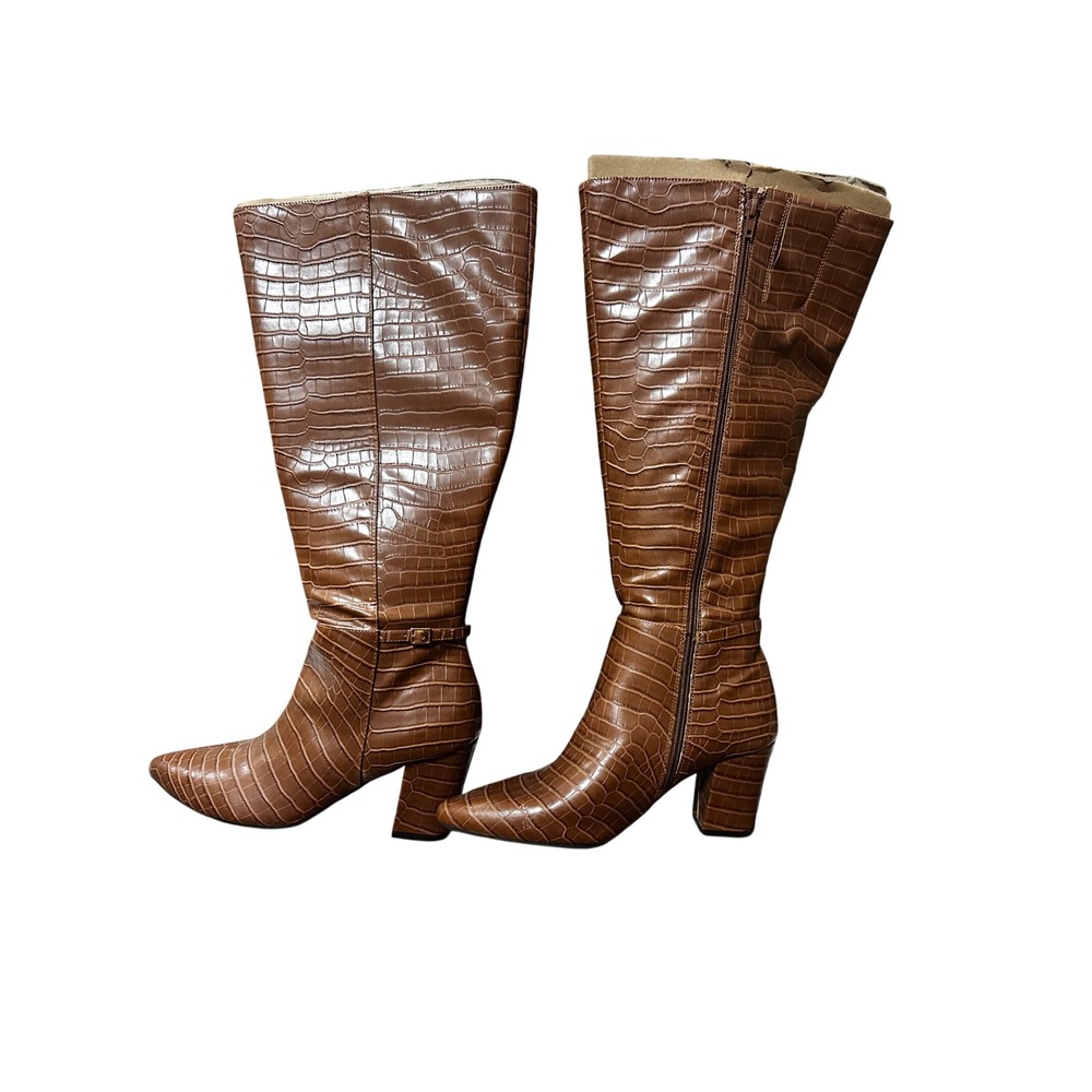 LifeStride Brown Croc Embossed Wide Calf Knee High Boots Pointed Toe Size 9W WC